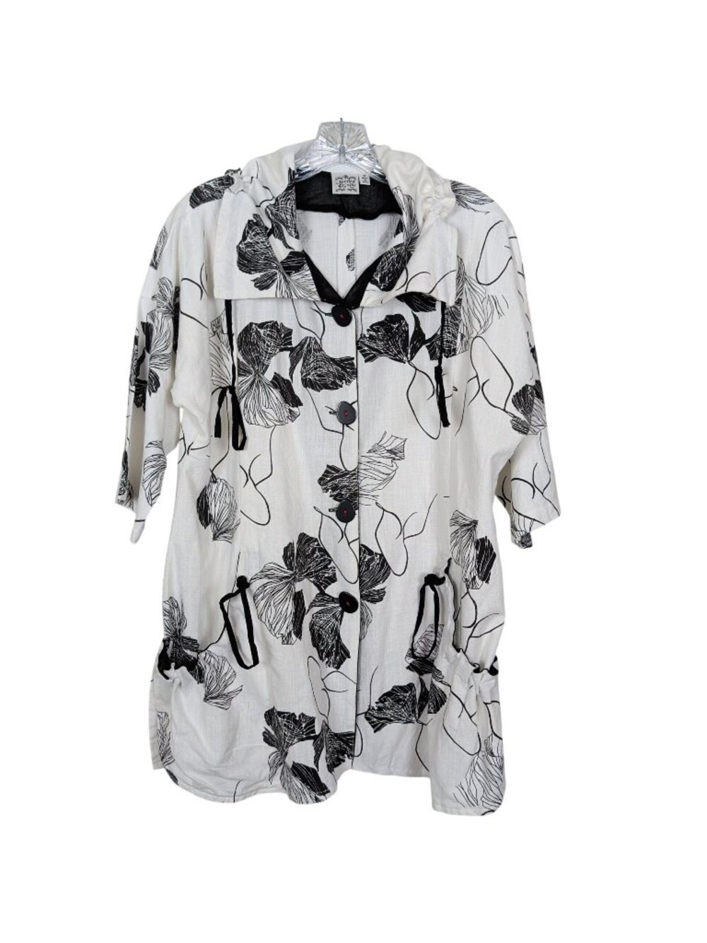 Parsley & Sage Womens M Tunic Top White Black Floral Artsy Boho Cotton Pockets